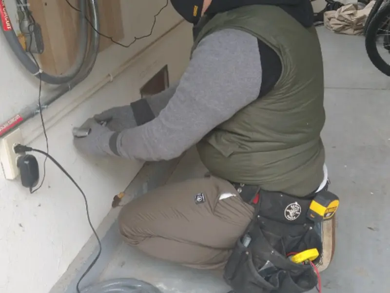 Electrician performing outlet wiring in a Seat Pleasant garage